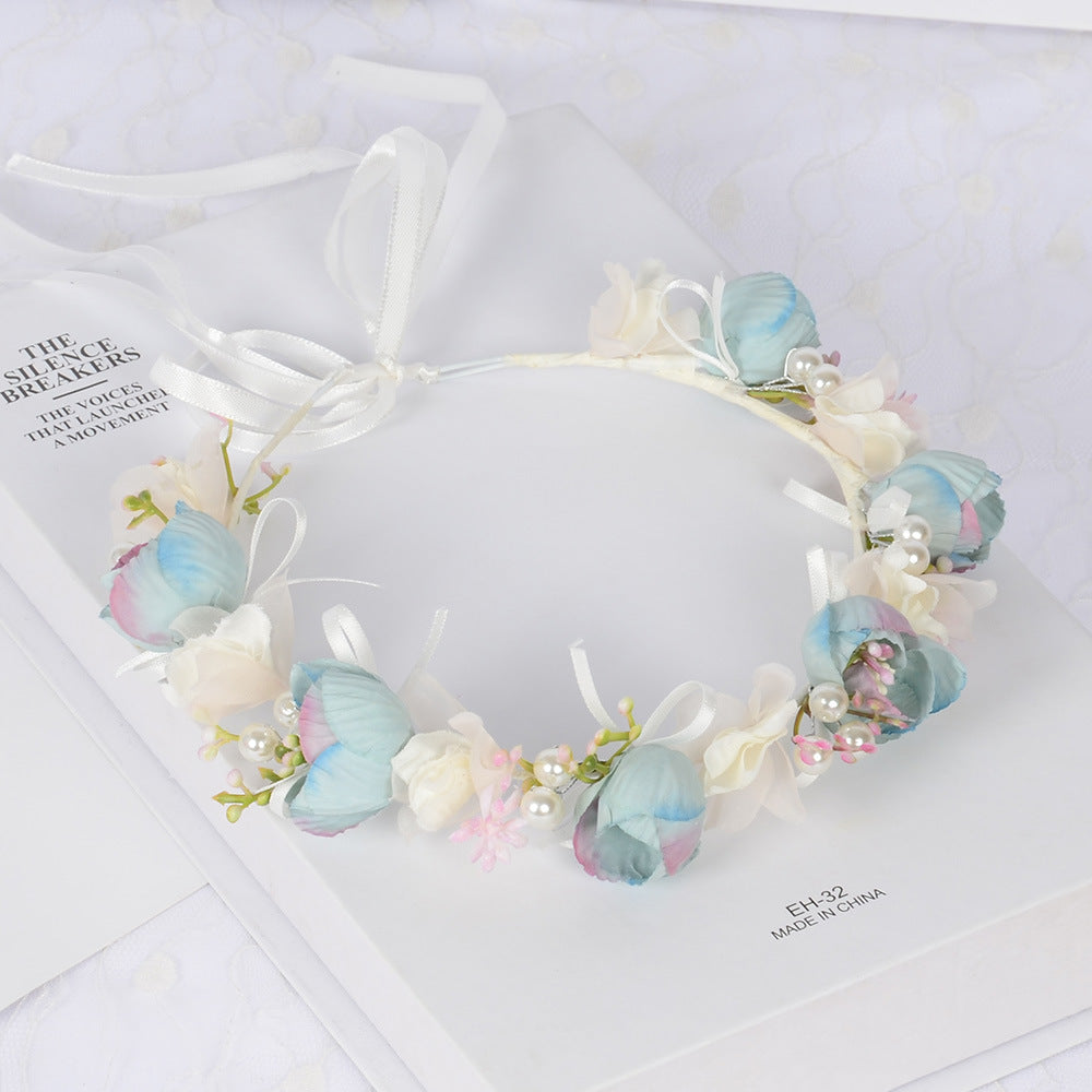 Korean style fairy flower wreath silk cloth flower bud pearl headband fresh and versatile photo studio headwear