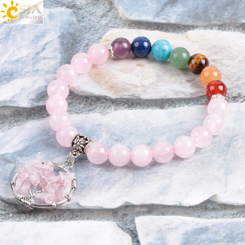 Women's natural colored pink crystal semi-precious stone bead bracelet pure handmade tree of life with pendant jewelry