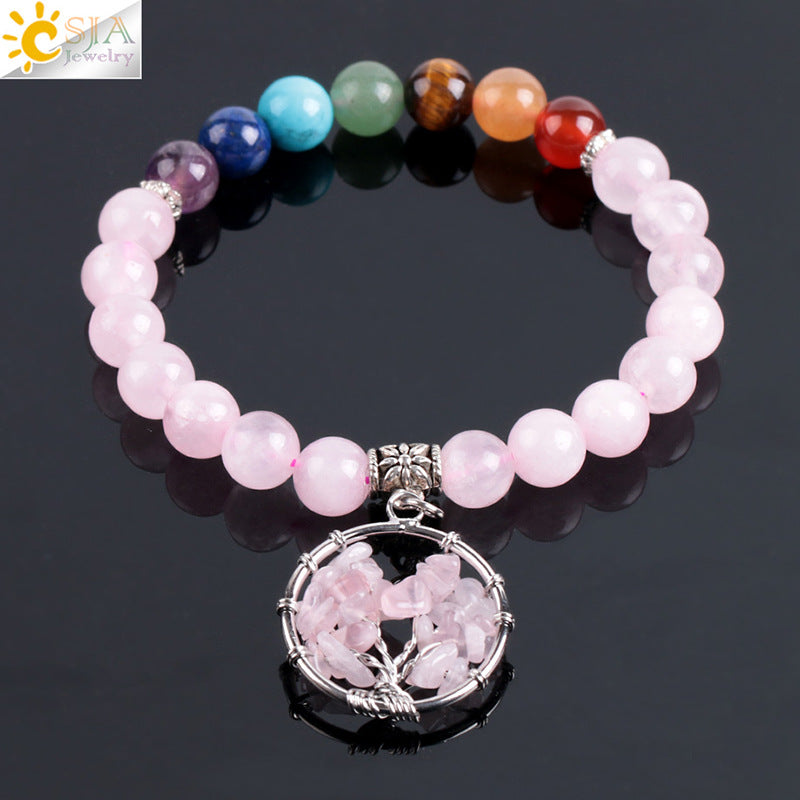 Women's natural colored pink crystal semi-precious stone bead bracelet pure handmade tree of life with pendant jewelry