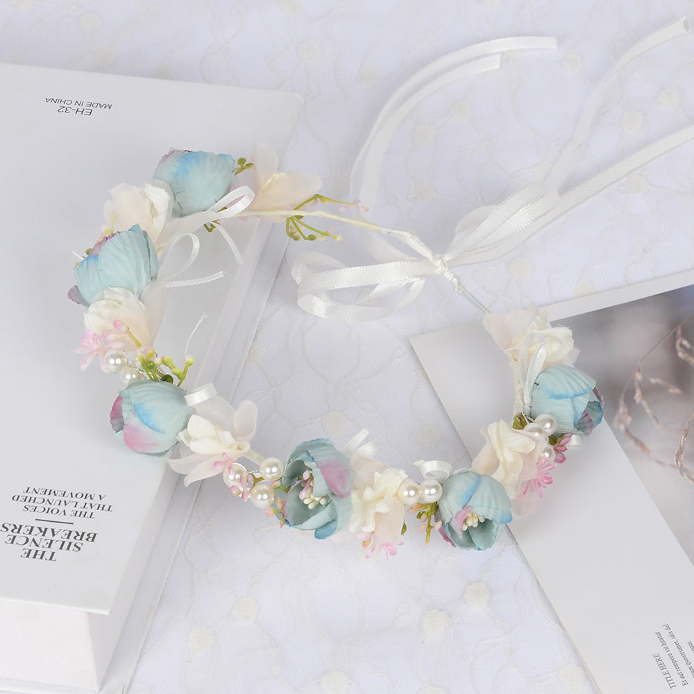 Korean style fairy flower wreath silk cloth flower bud pearl headband fresh and versatile photo studio headwear