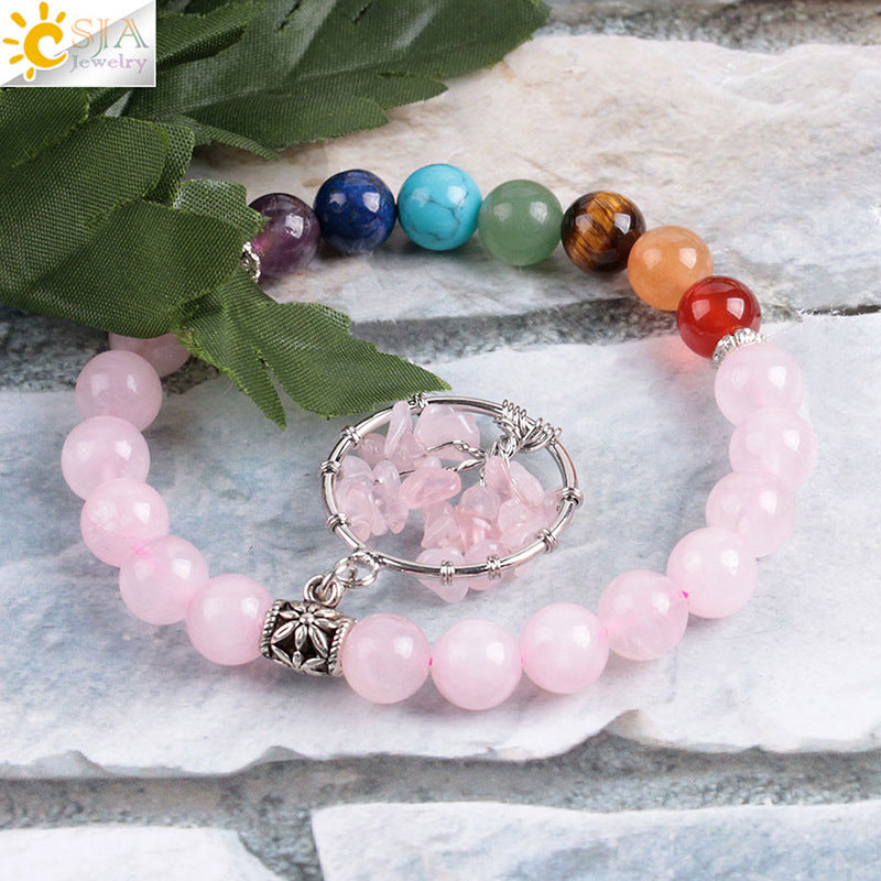 Women's natural colored pink crystal semi-precious stone bead bracelet pure handmade tree of life with pendant jewelry