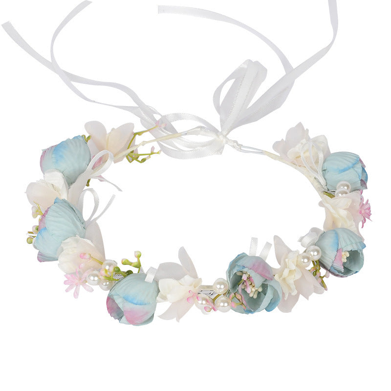 Korean style fairy flower wreath silk cloth flower bud pearl headband fresh and versatile photo studio headwear