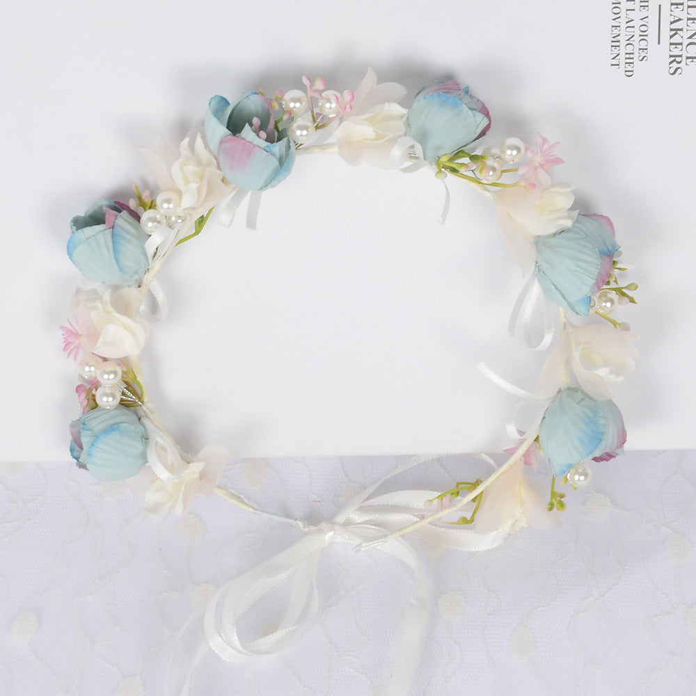 Korean style fairy flower wreath silk cloth flower bud pearl headband fresh and versatile photo studio headwear