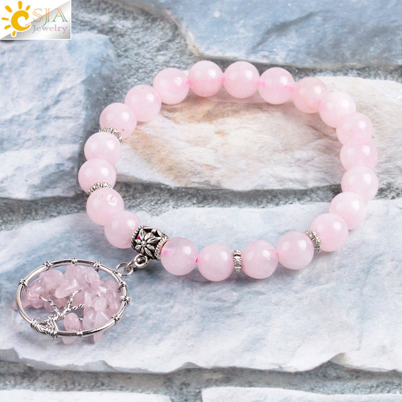 Women's natural colored pink crystal semi-precious stone bead bracelet pure handmade tree of life with pendant jewelry