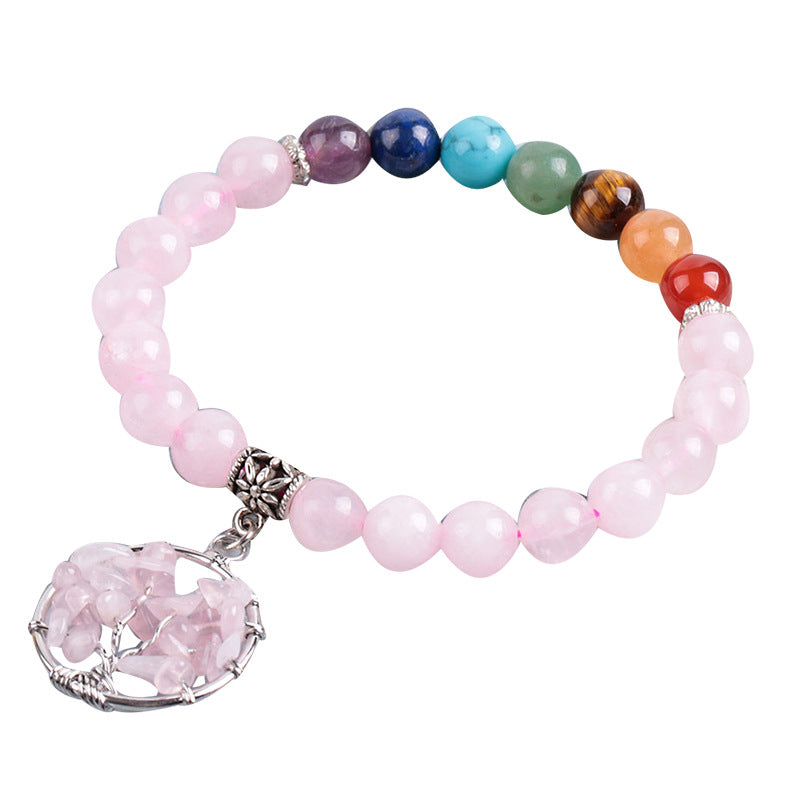 Women's natural colored pink crystal semi-precious stone bead bracelet pure handmade tree of life with pendant jewelry