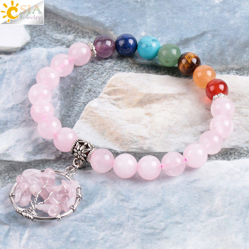 Women's natural colored pink crystal semi-precious stone bead bracelet pure handmade tree of life with pendant jewelry