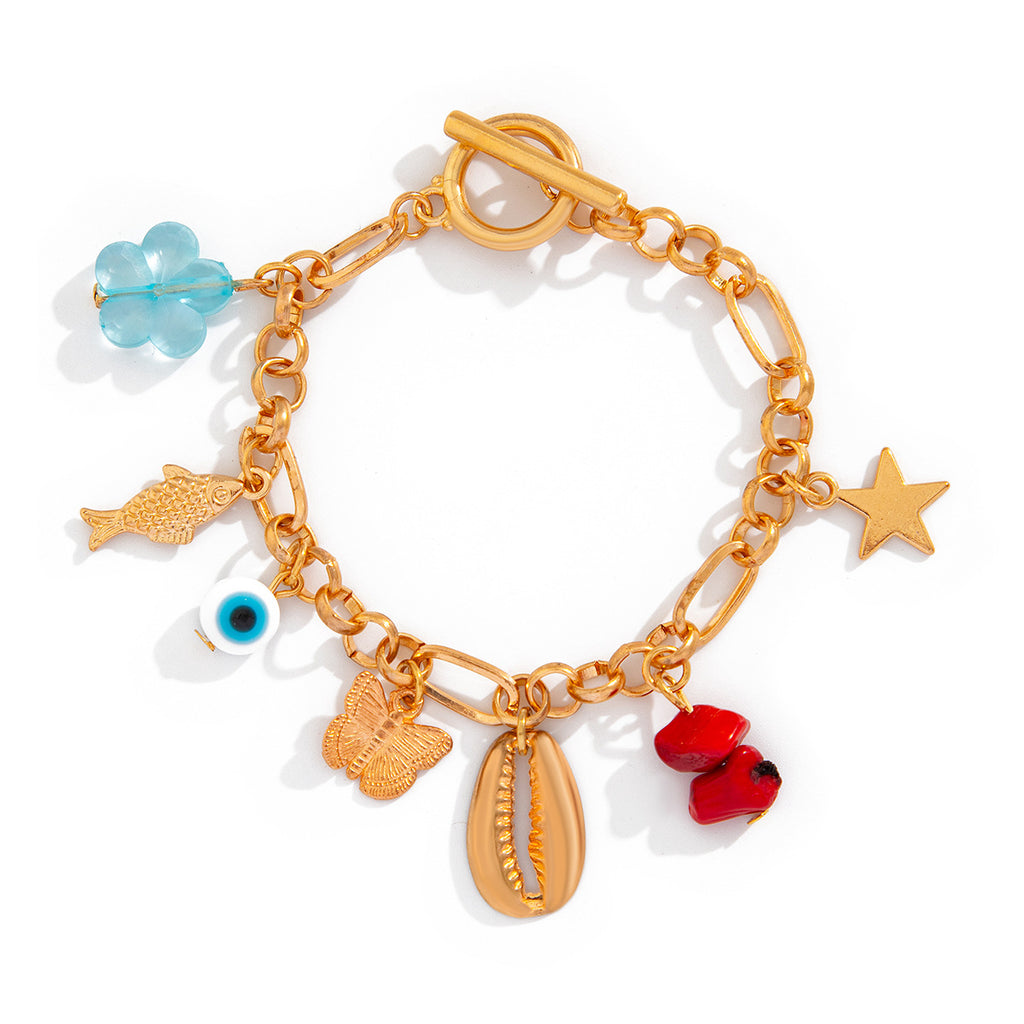 Fashionable and versatile peach heart turquoise bracelet, irregular alloy multi-element shell bracelet